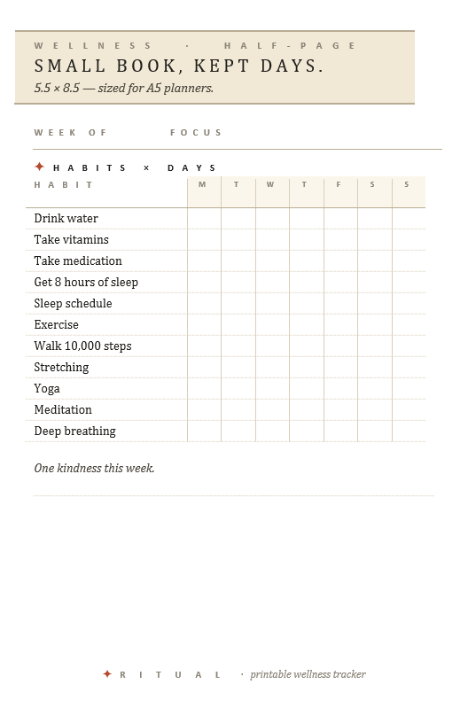 Half-Page Planner Insert — Health & Wellness Tracker