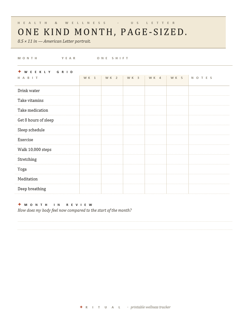 Letter Size — Health & Wellness Tracker