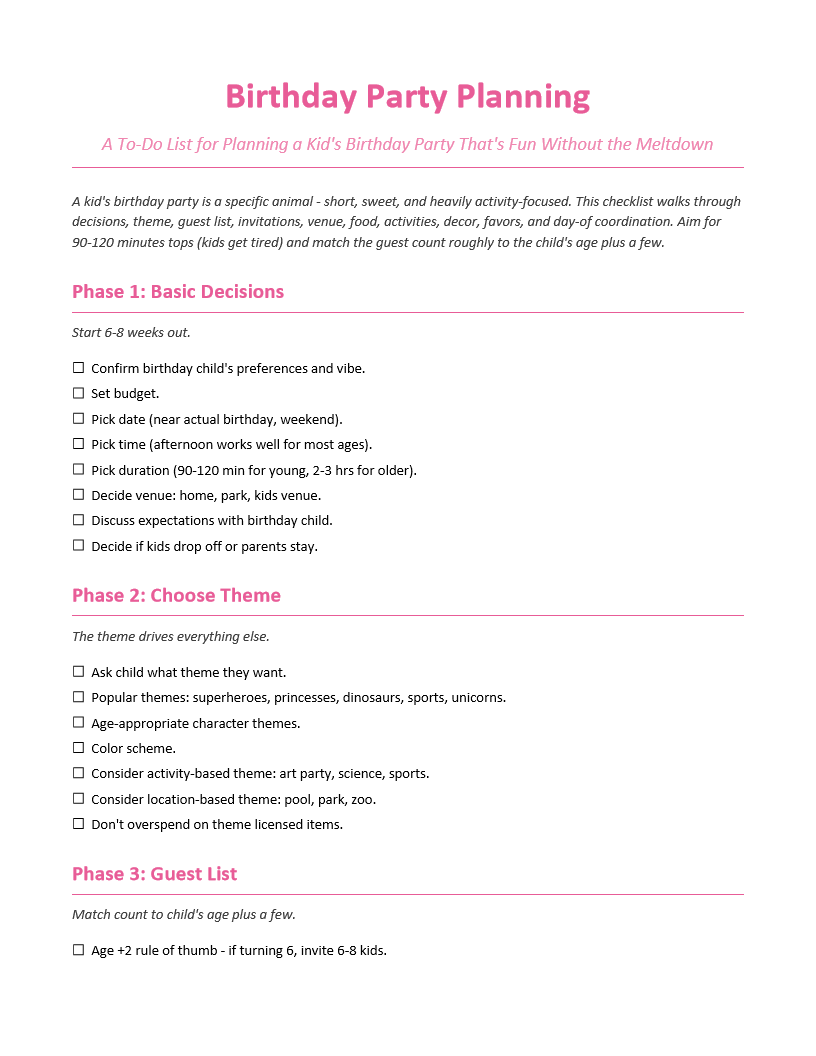 Birthday Party Planning To-Do List