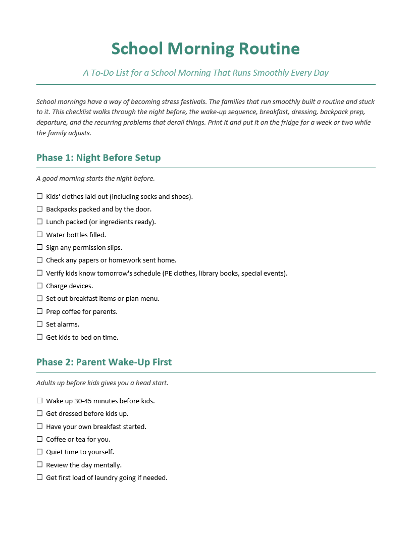 School Morning Routine To-Do List