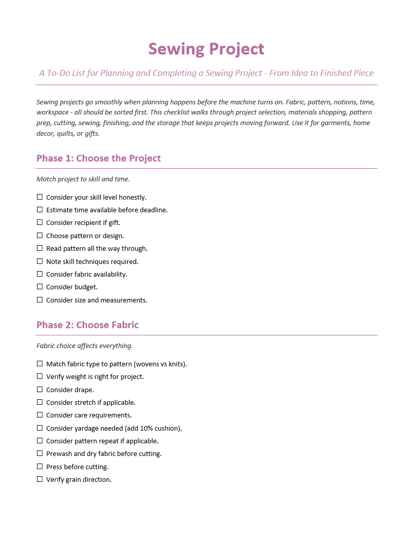 Sewing Project To-Do List