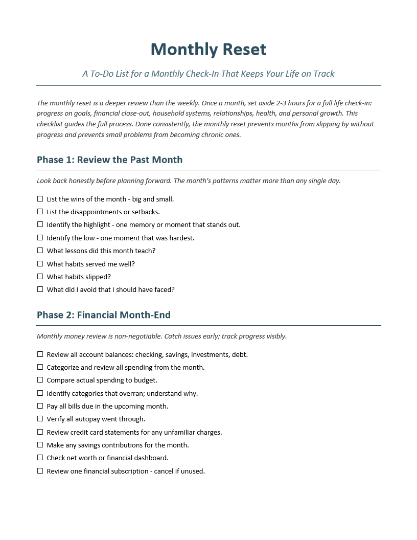 Monthly Reset To-Do List