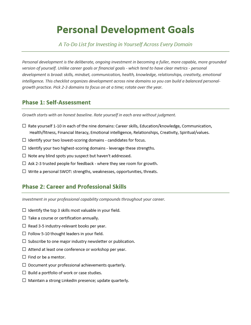 Personal Development Goals To-Do List