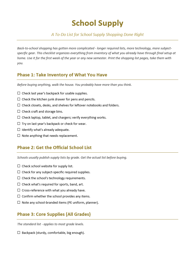 School Supply To-Do List