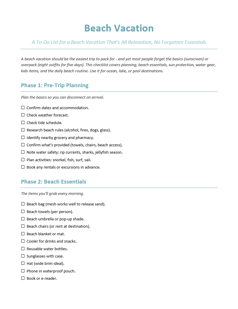 Beach Vacation To-Do List