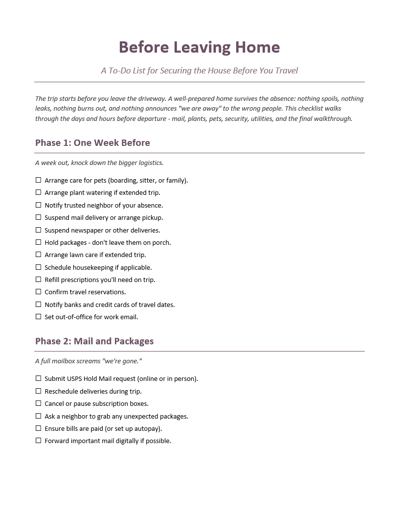 Before Leaving Home To-Do List