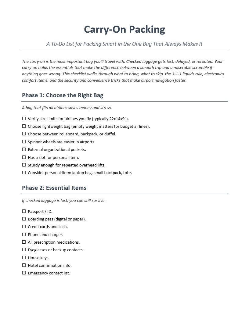 Carry-On Packing To-Do List