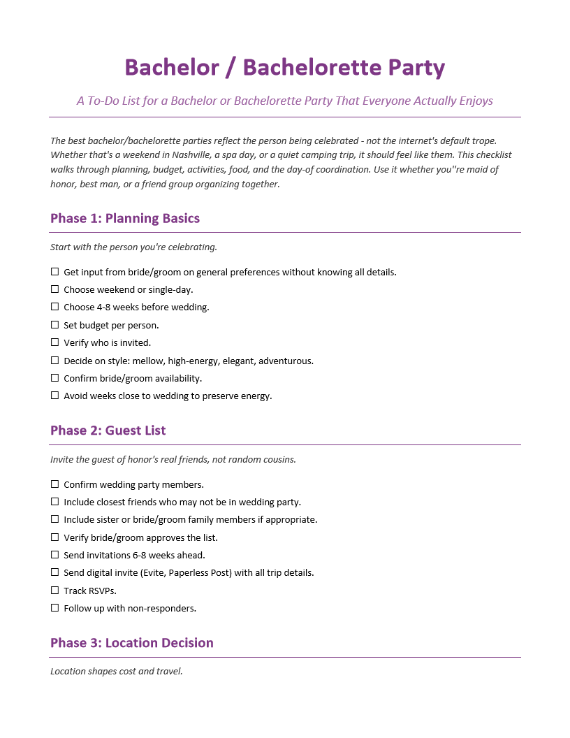 Bachelor Bachelorette Party To-Do List
