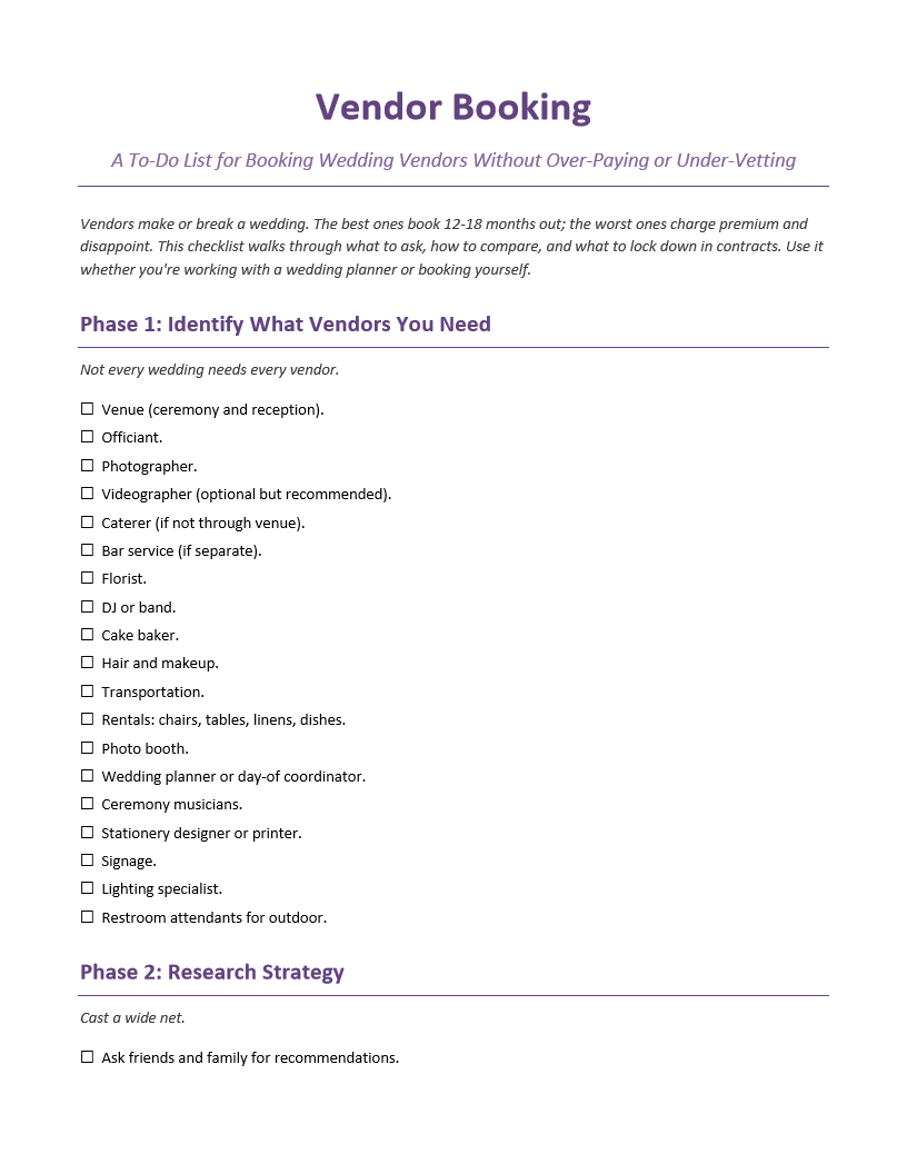 Vendor Booking To-Do List
