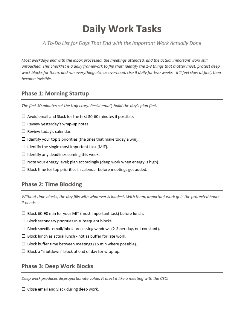 Daily Work Tasks To-Do List